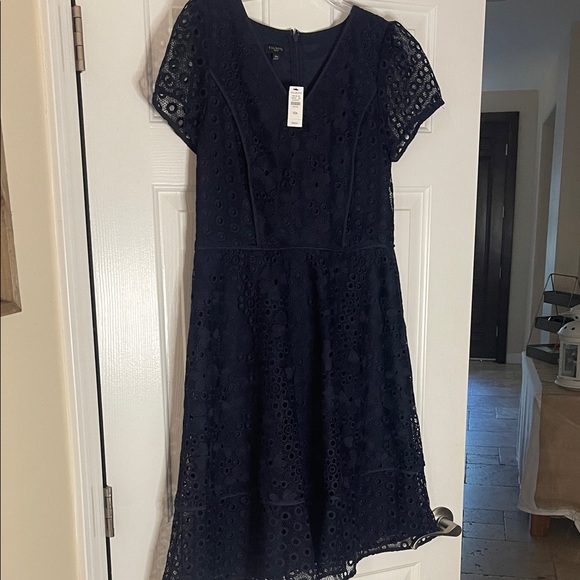 Talbots Navy Eyelet V-Neck A-Line Midi Dress - Picture 7 of 15